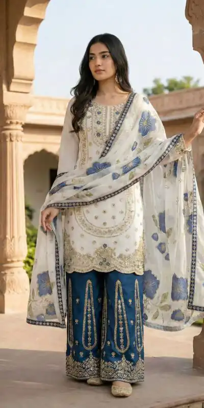 NSR 884 Blue Organza Silk Salwar Suit with Digital Print & Embroidery Work. Introductory Price ₹2149. Delivery 4-6 Working Days. Shop now. | Jump Suits, Salwar suit, Casual Suits, Creative suits, Designer Suits, Palazzo Suits, Party Wear Suits, Patiala Suits, Straight Suits
