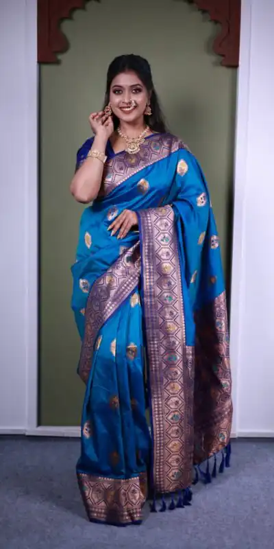 MB 22 Blue Soft Paithani Silk Saree with Zari Work & Lace Work. Affordable Price ₹2399. Delivery 4-6 Working Days. Shop now. | Sarees, Bollywood Sarees, Creative Sarees, Designer Sarees, Embroidered Sarees, Ethnic Saree, Modern Digital sarees, Party Wear Sarees