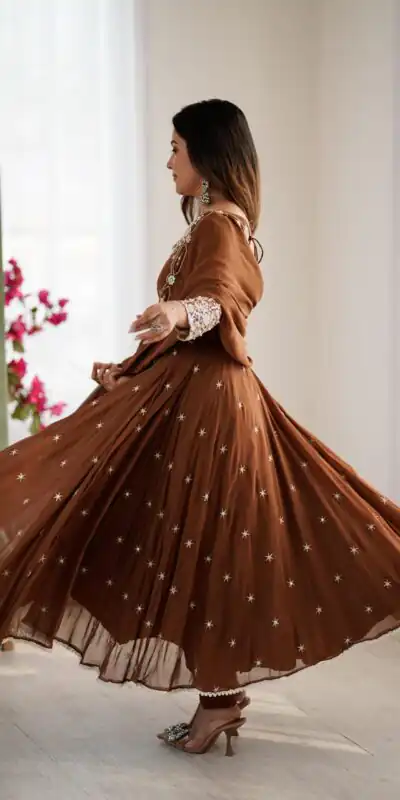 ZF 5012 Brown Blooming Faux Gown with Embroidery Work. Wedding, Party, Festive, Events Grab it for ₹2149. Delivery 4-6 Working Days. Shop now. | Lehenga, Bollywood Lehenga, Creative Lehenga, Designer Lehenga, Embroidered Lehenga, Party Wear Lehenga