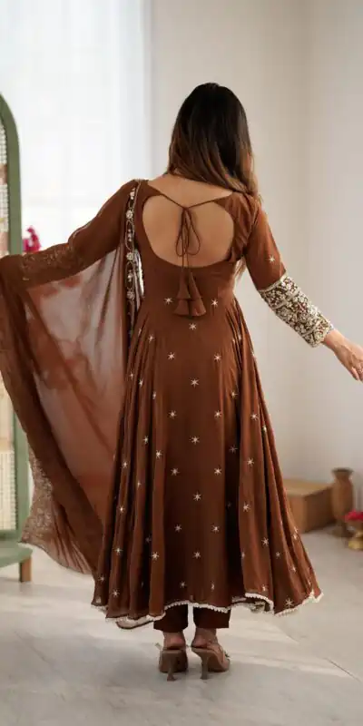 ZF 5012 Brown Blooming Faux Gown with Embroidery Work. Wedding, Party, Festive, Events Grab it for ₹2149. Delivery 4-6 Working Days. Shop now. | Lehenga, Bollywood Lehenga, Creative Lehenga, Designer Lehenga, Embroidered Lehenga, Party Wear Lehenga