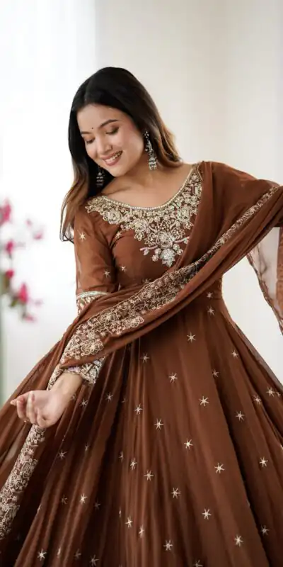 ZF 5012 Brown Blooming Faux Gown with Embroidery Work. Wedding, Party, Festive, Events Grab it for ₹2149. Delivery 4-6 Working Days. Shop now. | Lehenga, Bollywood Lehenga, Creative Lehenga, Designer Lehenga, Embroidered Lehenga, Party Wear Lehenga