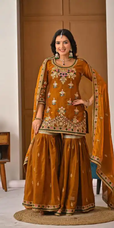 ND 5056 Brown Fandy Silk Salwar Suit with Embroidery Work. Wedding, Party, Festive, Events Now at just ₹2649. Delivery 4-6 Working Days. Shop now. | Jump Suits, Salwar suit, Casual Suits, Creative suits, Designer Suits, Palazzo Suits, Party Wear Suits, Patiala Suits, Straight Suits