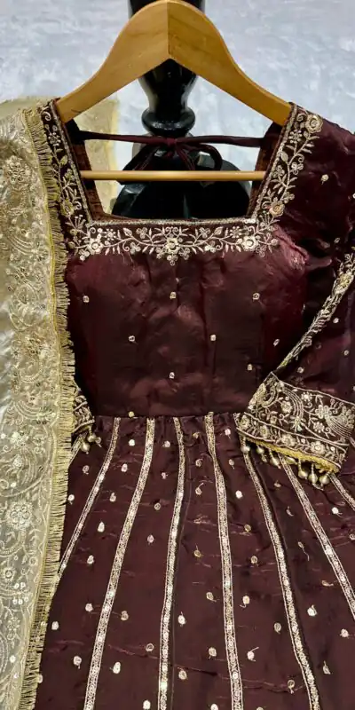 VLM 313 Brown JC Silk Gown. Perfect for Wedding, Party, Sangeet, Baisakhi, Diwali β Introductory Price βΉ2599. Delivery 4-6 Working Days. Shop now. | Gowns, Bollywood Gowns, Creative Gowns, Designer Gowns, Embroidered Gowns, Party Wear Gowns