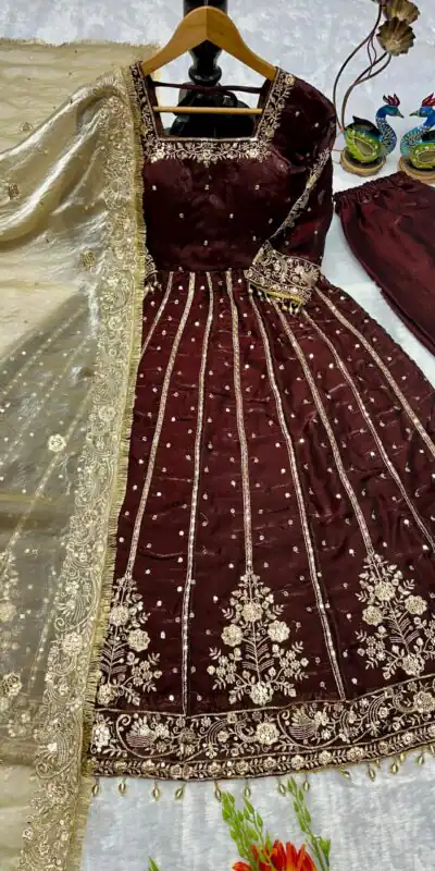 VLM 313 Brown JC Silk Gown. Perfect for Wedding, Party, Sangeet, Baisakhi, Diwali – Introductory Price ₹2599. Delivery 4-6 Working Days. Shop now. | Gowns, Bollywood Gowns, Creative Gowns, Designer Gowns, Embroidered Gowns, Party Wear Gowns
