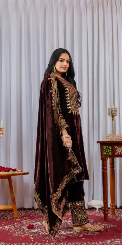 AD 089 Brown Viscose Velvet Salwar Suit with Embroidery Work. Affordable Price ₹1999. Delivery 4-6 Working Days. Shop now. | Jump Suits, Salwar suit, Casual Suits, Creative suits, Designer Suits, Palazzo Suits, Party Wear Suits, Patiala Suits, Straight Suits