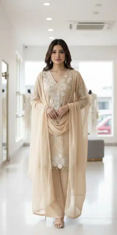 LG 2063 Chiku Faux Georgette Salwar Suit with Sequins Work & Embroidery Work. Introductory Price ₹2149. Delivery 4-6 Working Days. Shop now. | Jump Suits, Salwar suit, Casual Suits, Creative suits, Designer Suits, Palazzo Suits, Party Wear Suits, Patiala Suits, Straight Suits