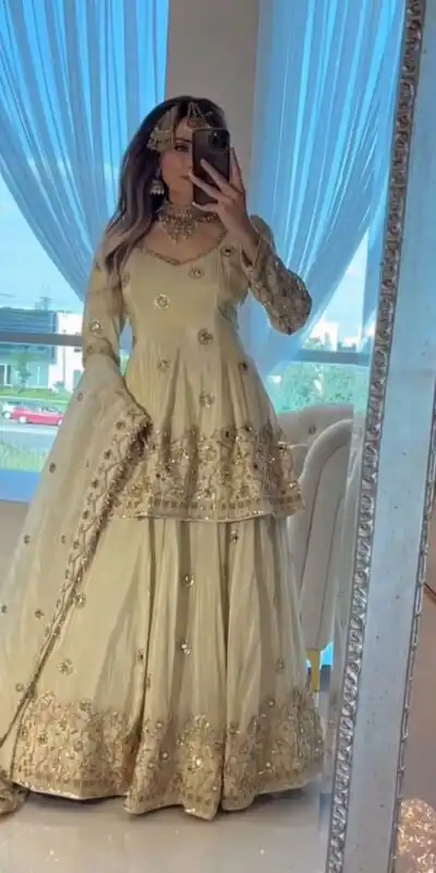 ST 1159 Cream Chinon Lehenga Choli with Embroidery Work & Mirror Work. Grab it for βΉ2549. Delivery 4-6 Working Days. Shop now. | Lehenga, Bollywood Lehenga, Creative Lehenga, Designer Lehenga, Embroidered Lehenga, Party Wear Lehenga