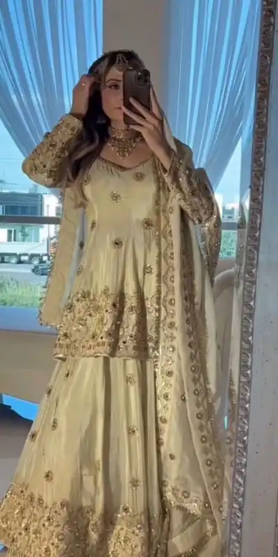 ST 1159 Cream Chinon Lehenga Choli with Embroidery Work & Mirror Work. Grab it for ₹2549. Delivery 4-6 Working Days. Shop now. | Lehenga, Bollywood Lehenga, Creative Lehenga, Designer Lehenga, Embroidered Lehenga, Party Wear Lehenga