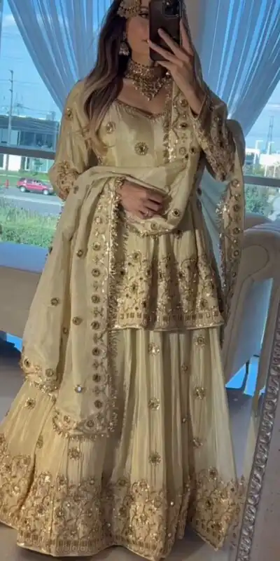 ST 1159 Cream Chinon Lehenga Choli with Embroidery Work & Mirror Work. Grab it for ₹2549. Delivery 4-6 Working Days. Shop now. | Lehenga, Bollywood Lehenga, Creative Lehenga, Designer Lehenga, Embroidered Lehenga, Party Wear Lehenga