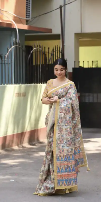 Veechis 111 Cream Color Linen Beautiful Digital Printed Work Saree Casual, Party Festive, Events. Expected Delivery 4-6 Working Days @1549/- | Sarees, Bollywood Sarees, Creative Sarees, Designer Sarees, Embroidered Sarees, Modern Digital sarees, Party Wear Sarees