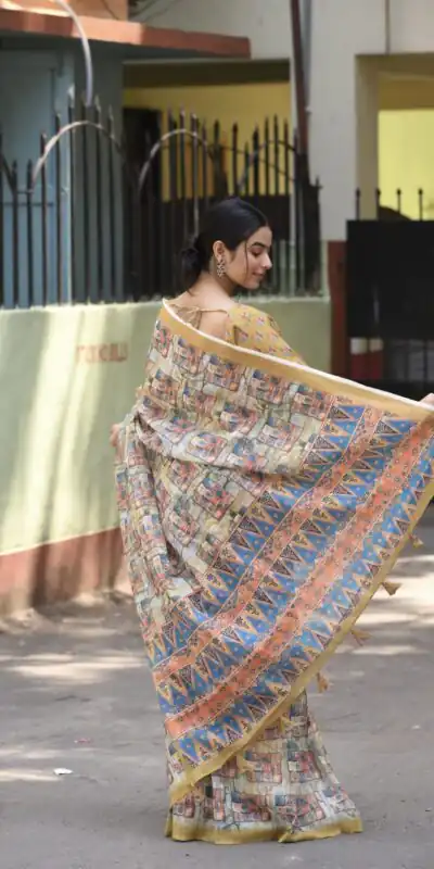 Veechis 111 Cream Color Linen Beautiful Digital Printed Work Saree Casual, Party Festive, Events. Expected Delivery 4-6 Working Days @1549/- | Sarees, Bollywood Sarees, Creative Sarees, Designer Sarees, Embroidered Sarees, Modern Digital sarees, Party Wear Sarees