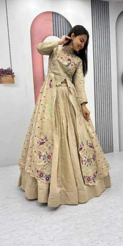 PC 528 Cream Color Vichitra Sequence Work Lehenga Choli Designer Work. Grab it for ₹2649. Delivery 4-6 Working Days. Shop now. | Lehenga, Bollywood Lehenga, Creative Lehenga, Designer Lehenga, Embroidered Lehenga, Party Wear Lehenga