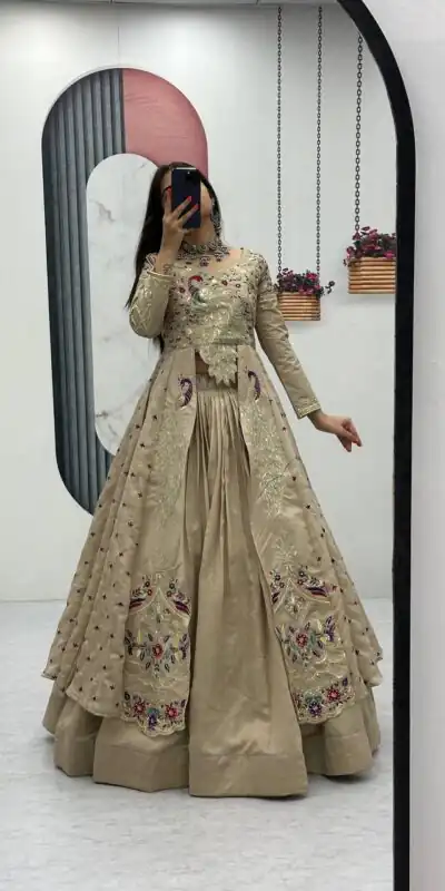PC 528 Cream Color Vichitra Sequence Work Lehenga Choli Designer Work. Grab it for ₹2649. Delivery 4-6 Working Days. Shop now. | Lehenga, Bollywood Lehenga, Creative Lehenga, Designer Lehenga, Embroidered Lehenga, Party Wear Lehenga