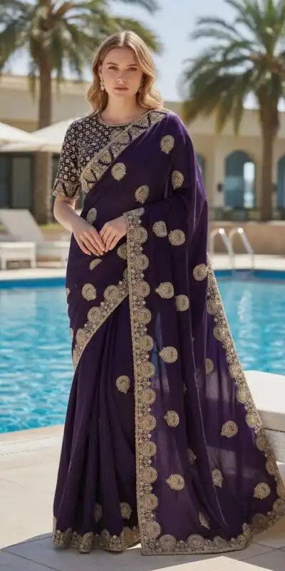 BT 442 Dark Purple in Fandy Satin Silk. Embroidery Work & Zari Work Saree Affordable Price ₹1999. Delivery 4-6 Working Days. Shop now. | Sarees, Bollywood Sarees, Creative Sarees, Designer Sarees, Embroidered Sarees, Ethnic Saree, Modern Digital sarees, Party Wear Sarees
