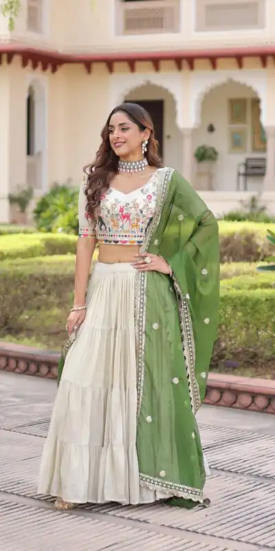 KA 5061 Green in Cosmos silk Embroidery Work & Zari Work Lehenga Choli . Get it for ₹2649. Delivery 4-6 Working Days. Shop now. | Lehenga, Bollywood Lehenga, Creative Lehenga, Designer Lehenga, Embroidered Lehenga, Party Wear Lehenga