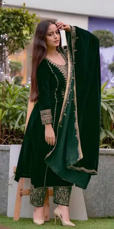 AD 089 Green Viscose Velvet Salwar Suit with Embroidery Work. Affordable Price ₹1999. Delivery 4-6 Working Days. Shop now. | Jump Suits, Salwar suit, Casual Suits, Creative suits, Designer Suits, Palazzo Suits, Party Wear Suits, Patiala Suits, Straight Suits