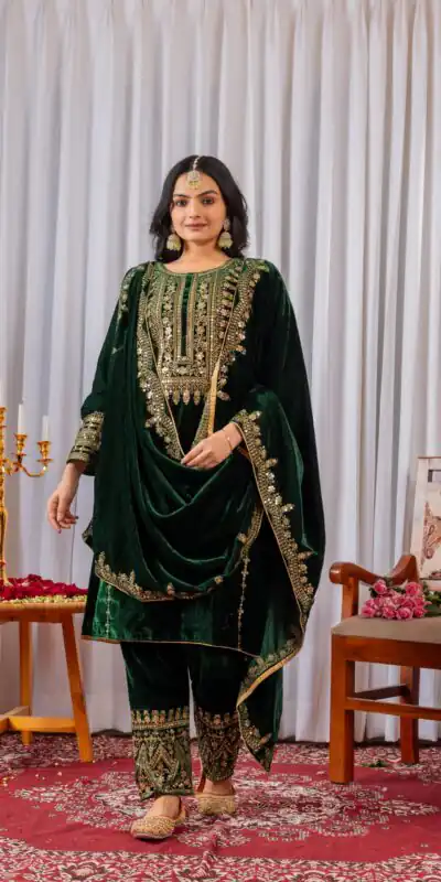 AD 089 Green Viscose Velvet Salwar Suit with Embroidery Work. Affordable Price ₹1999. Delivery 4-6 Working Days. Shop now. | Jump Suits, Salwar suit, Casual Suits, Creative suits, Designer Suits, Palazzo Suits, Party Wear Suits, Patiala Suits, Straight Suits