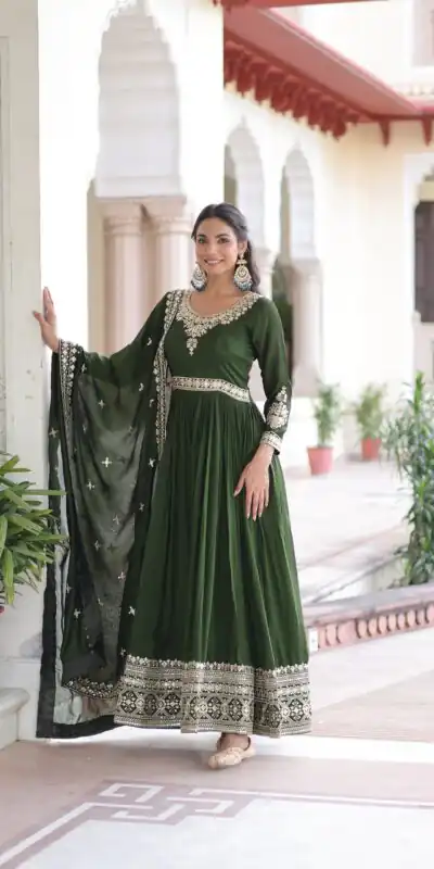 KA 1215 Green Vichitra Silk Gown Perfect for Wedding, Party, Holi, Anniversary, Mehendi –. Grab it for ₹2449. Delivery 4-6 Working Days. Shop now. | Gowns, Bollywood Gowns, Creative Gowns, Designer Gowns, Embroidered Gowns, Party Wear Gowns
