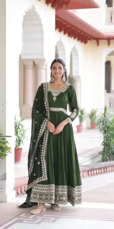 KA 1215 Green Vichitra Silk Gown Perfect for Wedding, Party, Holi, Anniversary, Mehendi β. Grab it for βΉ2449. Delivery 4-6 Working Days. Shop now. | Gowns, Bollywood Gowns, Creative Gowns, Designer Gowns, Embroidered Gowns, Party Wear Gowns