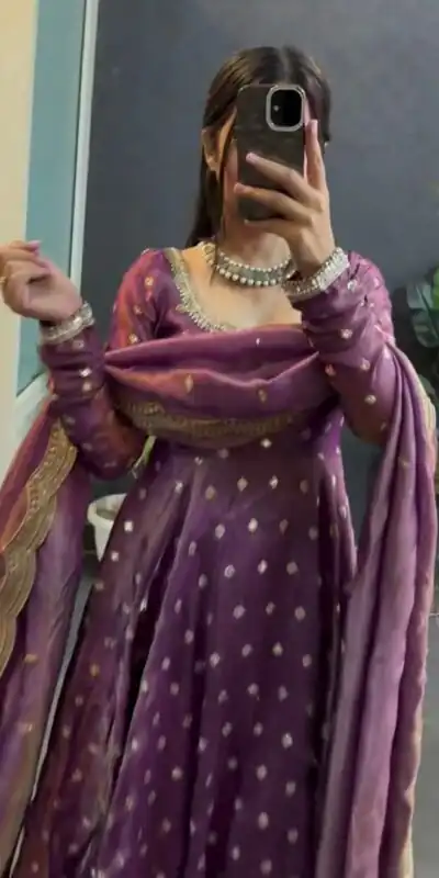 KD 1565 Lavender Fendy Silk Gown. Perfect for Wedding, Party, Reception, Temple Visit, Cultural Events β Festive Deal βΉ2099. Delivery 4-6 Working | Gowns, Bollywood Gowns, Creative Gowns, Designer Gowns, Embroidered Gowns, Party Wear Gowns