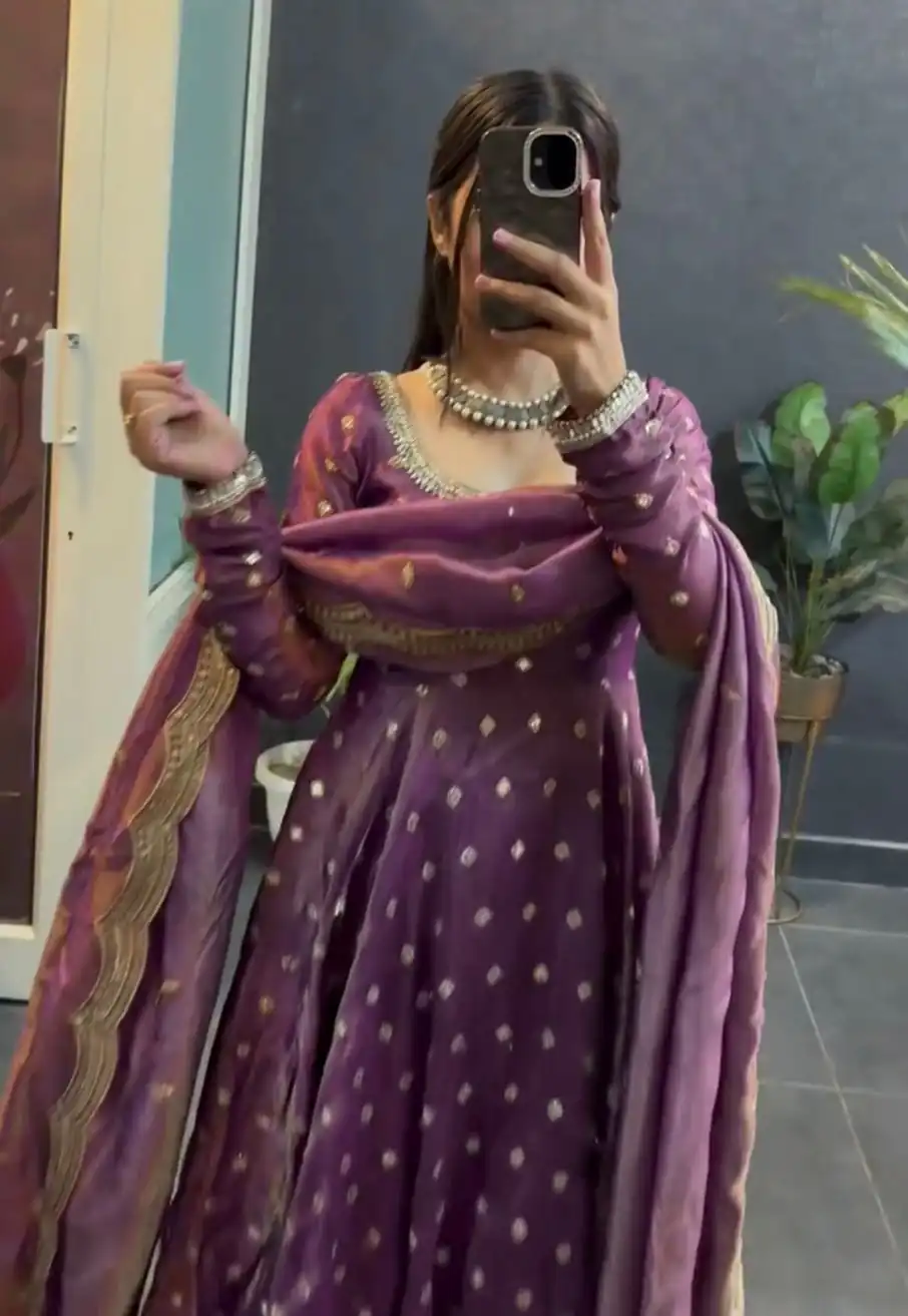 KD 1565 Lavender Fendy Silk Gown. Perfect for Wedding, Party, Reception, Temple Visit, Cultural Events – Festive Deal ₹2099. Delivery 4-6 Working | Gowns, Bollywood Gowns, Creative Gowns, Designer Gowns, Embroidered Gowns, Party Wear Gowns