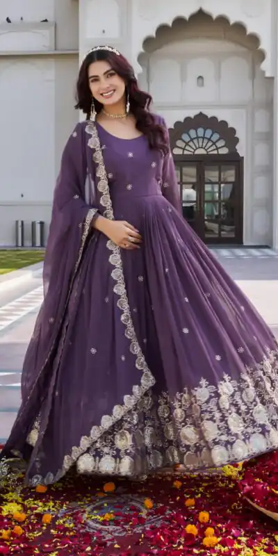 Ram 0153 Lavender in Fox Georgette. Embroidery Work Gown Wedding, Party, Festive, Events Get it for ₹2049. Delivery 4-6 Working Days. Shop now. | Gowns, Bollywood Gowns, Creative Gowns, Designer Gowns, Embroidered Gowns, Party Wear Gowns