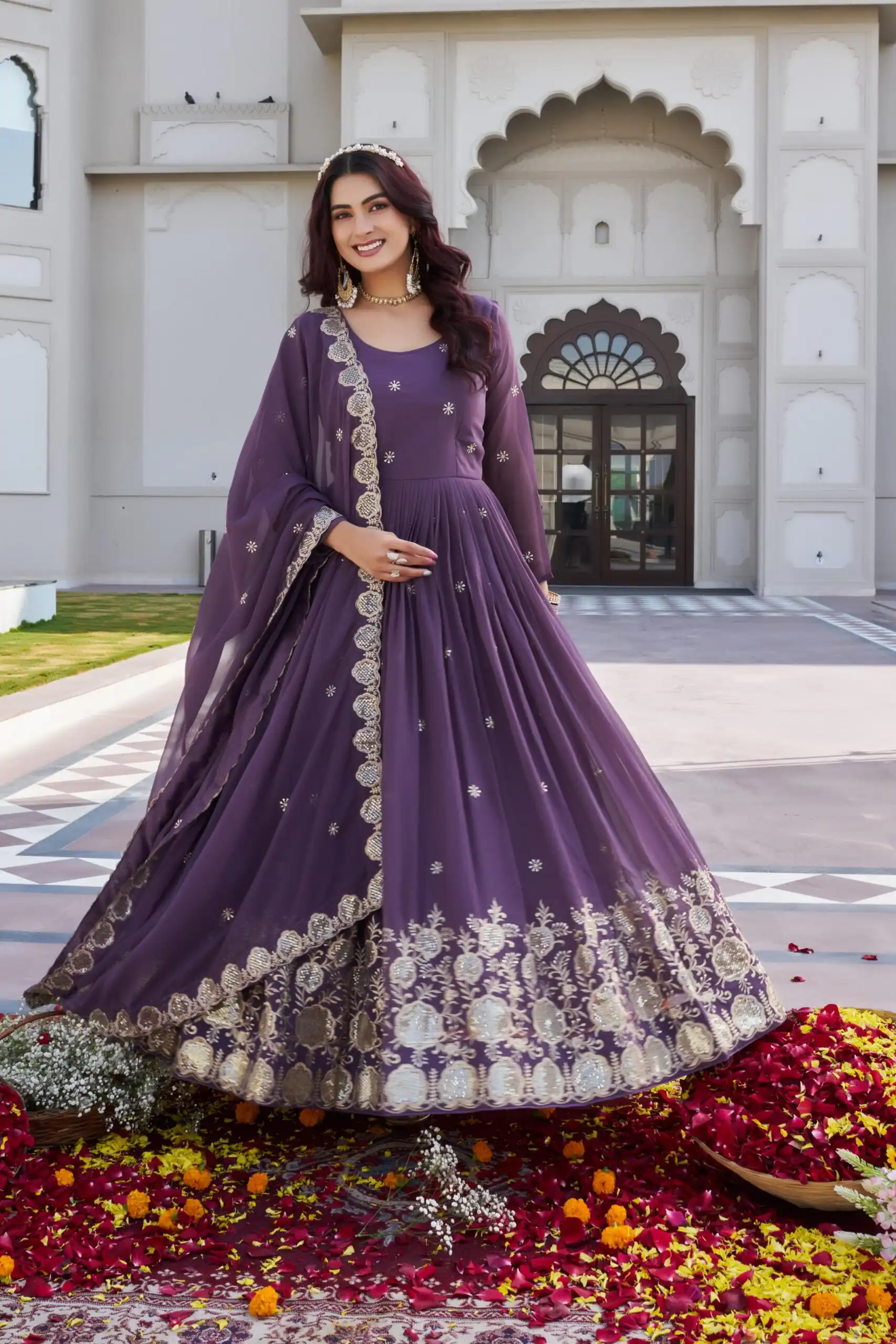 Ram 0153 Lavender in Fox Georgette. Embroidery Work Gown Wedding, Party, Festive, Events Get it for ₹2049. Delivery 4-6 Working Days. Shop now. | Gowns, Bollywood Gowns, Creative Gowns, Designer Gowns, Embroidered Gowns, Party Wear Gowns