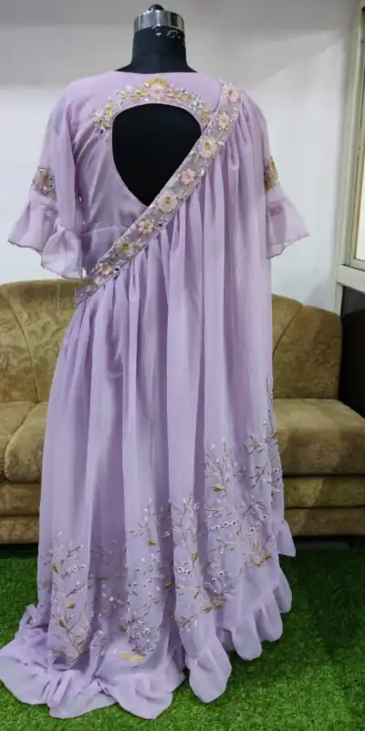 KT 190 Lavender in Georgette. Mirror Work & Lace Work Gown Wedding, Party, Festive, Events, Now at just ₹1949. Delivery 4-6 Working Days. Shop now. | Gowns, Bollywood Gowns, Creative Gowns, Designer Gowns, Embroidered Gowns, Party Wear Gowns