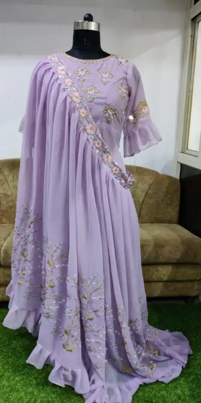KT 190 Lavender in Georgette. Mirror Work & Lace Work Gown Wedding, Party, Festive, Events, Now at just βΉ1949. Delivery 4-6 Working Days. Shop now. | Gowns, Bollywood Gowns, Creative Gowns, Designer Gowns, Embroidered Gowns, Party Wear Gowns