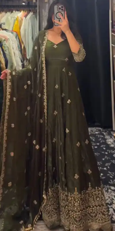 KD 1564 Mahendi Fendy Silk Gown Perfect for Wedding, Party, Durga Puja, Festival Celebrations, Ganesh Chaturthi – . Best Price ₹2399. Delivery 4-6 Wor | Gowns, Bollywood Gowns, Creative Gowns, Designer Gowns, Embroidered Gowns, Party Wear Gowns
