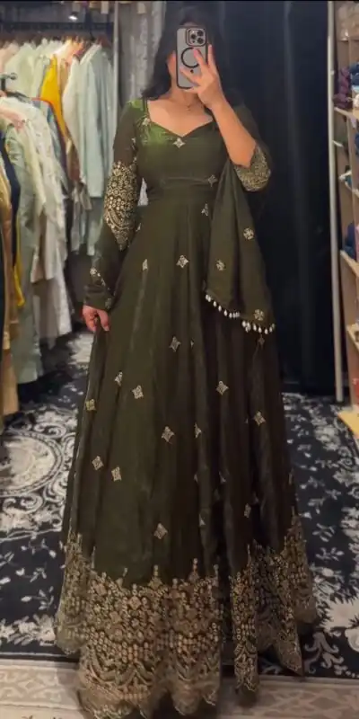 KD 1564 Mahendi Fendy Silk Gown Perfect for Wedding, Party, Durga Puja, Festival Celebrations, Ganesh Chaturthi – . Best Price ₹2399. Delivery 4-6 Wor | Gowns, Bollywood Gowns, Creative Gowns, Designer Gowns, Embroidered Gowns, Party Wear Gowns