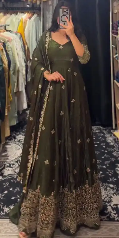 KD 1564 Mahendi Fendy Silk Gown Perfect for Wedding, Party, Durga Puja, Festival Celebrations, Ganesh Chaturthi β . Best Price βΉ2399. Delivery 4-6 Wor | Gowns, Bollywood Gowns, Creative Gowns, Designer Gowns, Embroidered Gowns, Party Wear Gowns