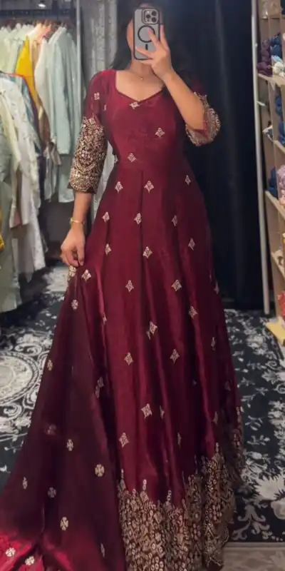 KD 1564 Maroon Fendy Silk Gown Perfect for Wedding, Party, Durga Puja, Festival Celebrations, Ganesh Chaturthi – . Best Price ₹2399. Delivery 4-6 Wor | Gowns, Bollywood Gowns, Creative Gowns, Designer Gowns, Embroidered Gowns, Party Wear Gowns