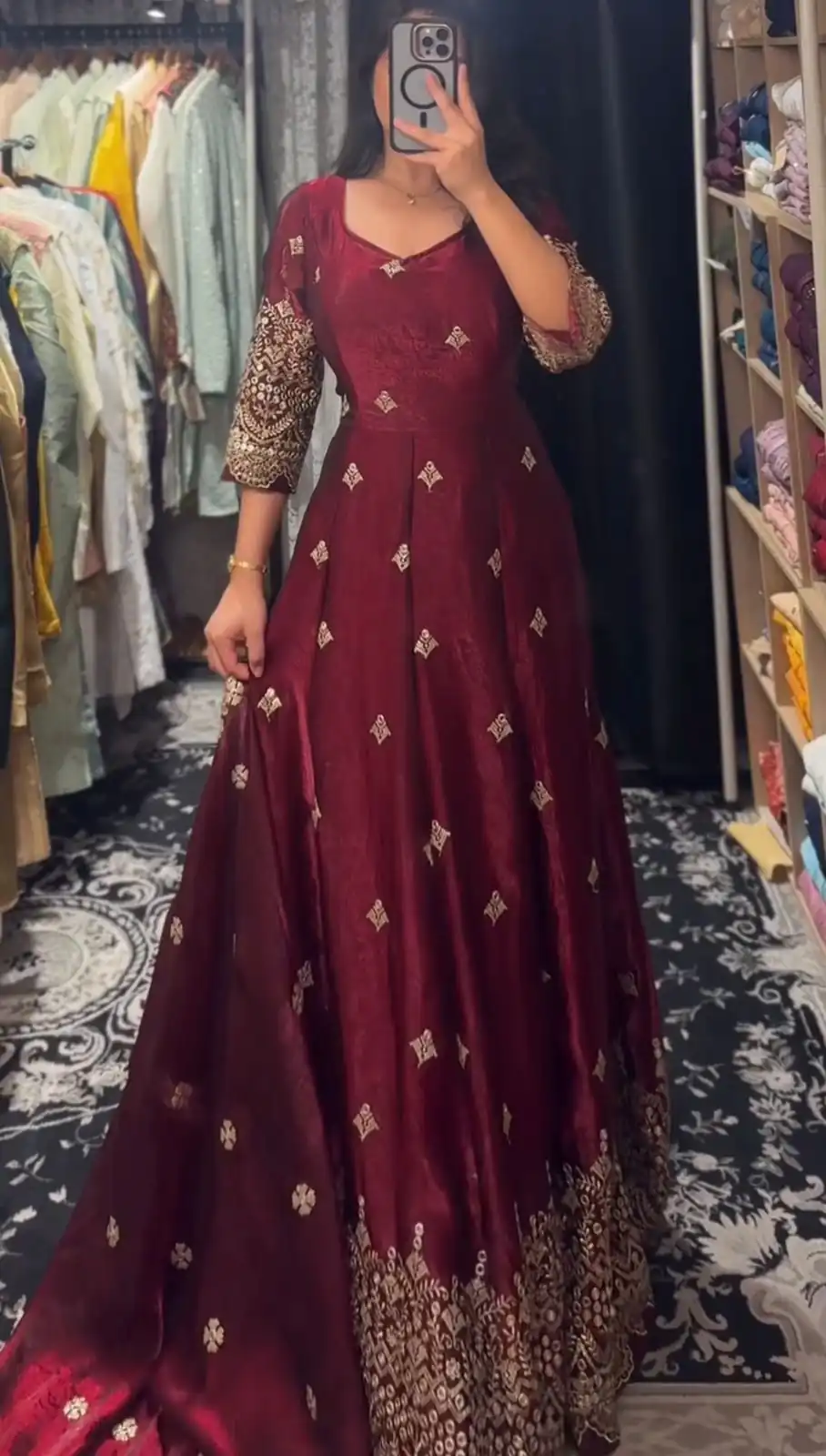 KD 1564 Maroon Fendy Silk Gown Perfect for Wedding, Party, Durga Puja, Festival Celebrations, Ganesh Chaturthi – . Best Price ₹2399. Delivery 4-6 Wor | Gowns, Bollywood Gowns, Creative Gowns, Designer Gowns, Embroidered Gowns, Party Wear Gowns