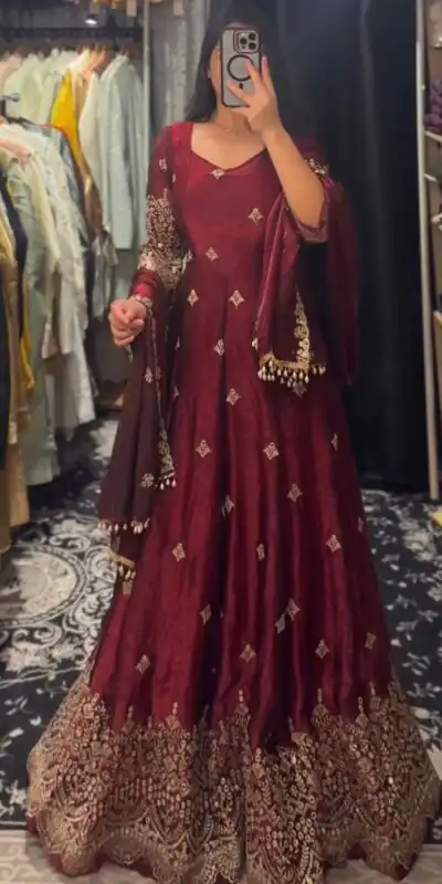 KD 1564 Maroon Fendy Silk Gown Perfect for Wedding, Party, Durga Puja, Festival Celebrations, Ganesh Chaturthi – . Best Price ₹2399. Delivery 4-6 Wor | Gowns, Bollywood Gowns, Creative Gowns, Designer Gowns, Embroidered Gowns, Party Wear Gowns