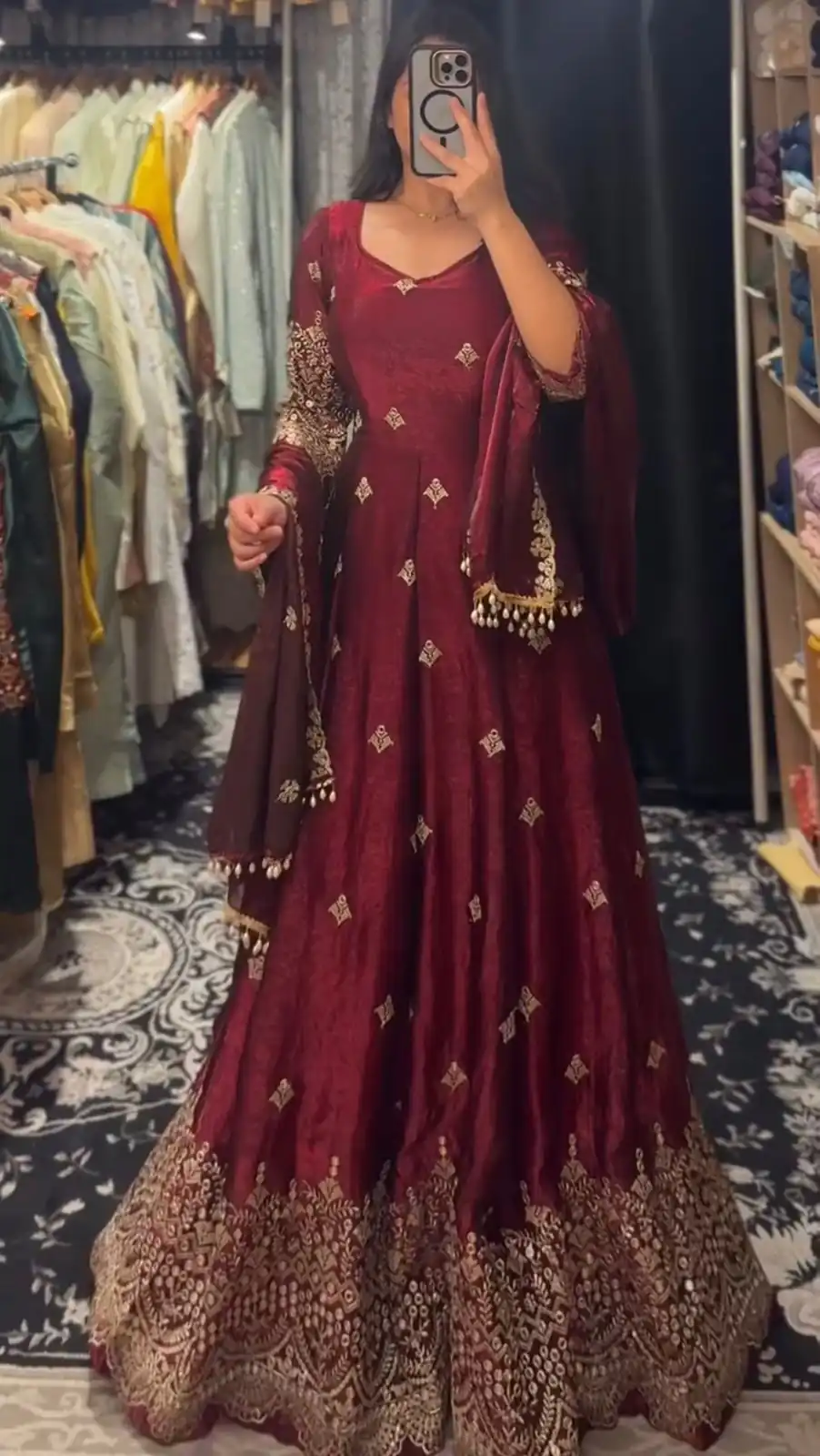 KD 1564 Maroon Fendy Silk Gown Perfect for Wedding, Party, Durga Puja, Festival Celebrations, Ganesh Chaturthi – . Best Price ₹2399. Delivery 4-6 Wor | Gowns, Bollywood Gowns, Creative Gowns, Designer Gowns, Embroidered Gowns, Party Wear Gowns