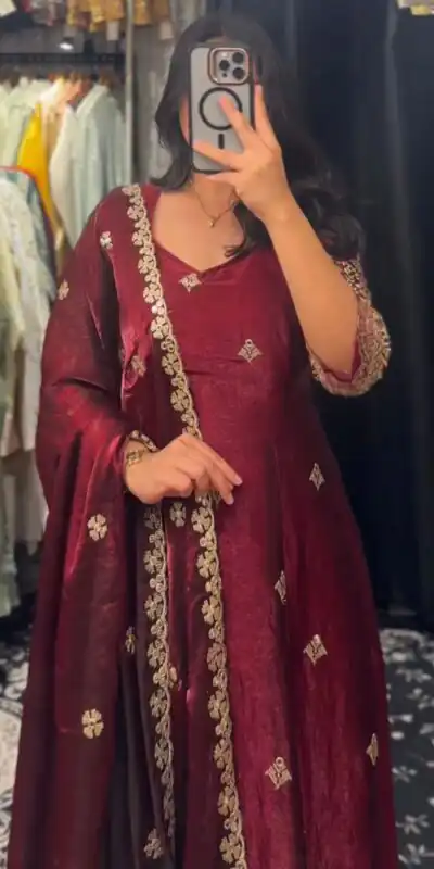 KD 1564 Maroon Fendy Silk Gown Perfect for Wedding, Party, Durga Puja, Festival Celebrations, Ganesh Chaturthi – . Best Price ₹2399. Delivery 4-6 Wor | Gowns, Bollywood Gowns, Creative Gowns, Designer Gowns, Embroidered Gowns, Party Wear Gowns