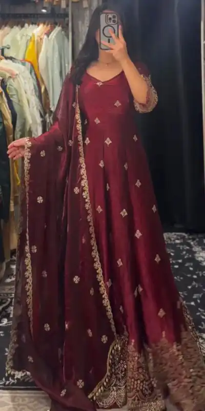 KD 1564 Maroon Fendy Silk Gown Perfect for Wedding, Party, Durga Puja, Festival Celebrations, Ganesh Chaturthi β . Best Price βΉ2399. Delivery 4-6 Wor | Gowns, Bollywood Gowns, Creative Gowns, Designer Gowns, Embroidered Gowns, Party Wear Gowns