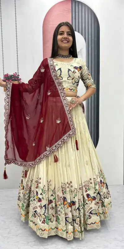 PC 491 Maroon Tissue Silk Lehenga Choli with Lace Work & Cut Work. Wedding, Party, Festive, Events Only 3249 Delivery 4-6 Working Days. Shop now. | Lehenga, Bollywood Lehenga, Creative Lehenga, Designer Lehenga, Embroidered Lehenga, Party Wear Lehenga