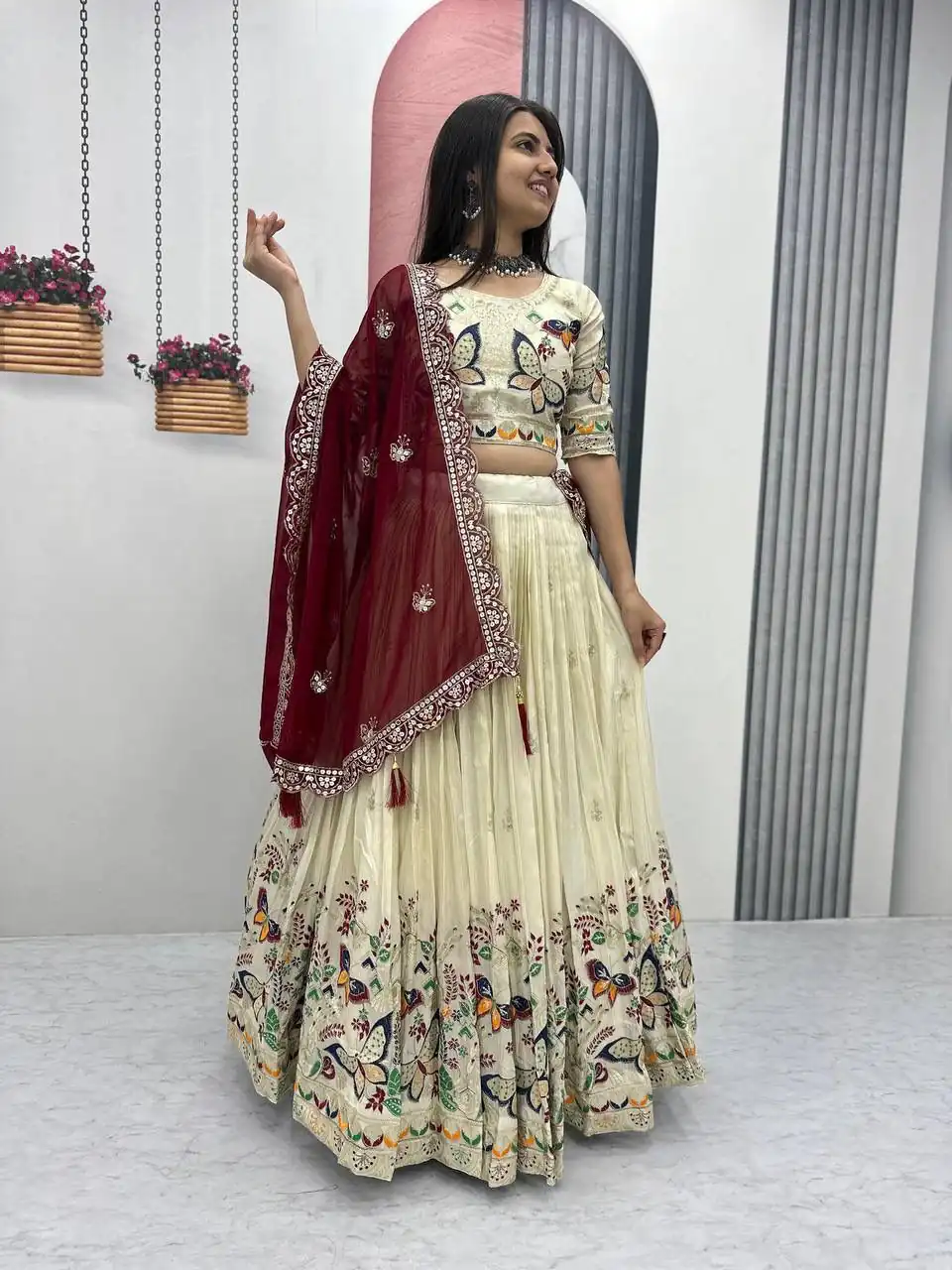 PC 491 Maroon Tissue Silk Lehenga Choli with Lace Work & Cut Work. Wedding, Party, Festive, Events Only 3249 Delivery 4-6 Working Days. Shop now. | Lehenga, Bollywood Lehenga, Creative Lehenga, Designer Lehenga, Embroidered Lehenga, Party Wear Lehenga