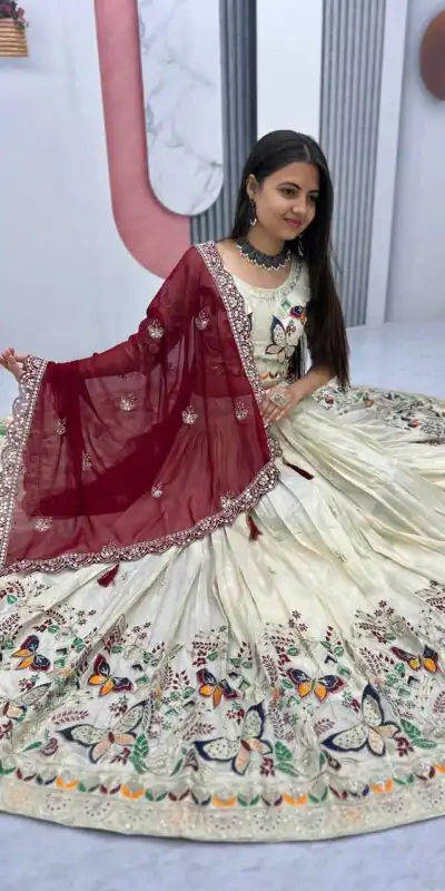 PC 491 Maroon Tissue Silk Lehenga Choli with Lace Work & Cut Work. Wedding, Party, Festive, Events Only 3249 Delivery 4-6 Working Days. Shop now. | Lehenga, Bollywood Lehenga, Creative Lehenga, Designer Lehenga, Embroidered Lehenga, Party Wear Lehenga