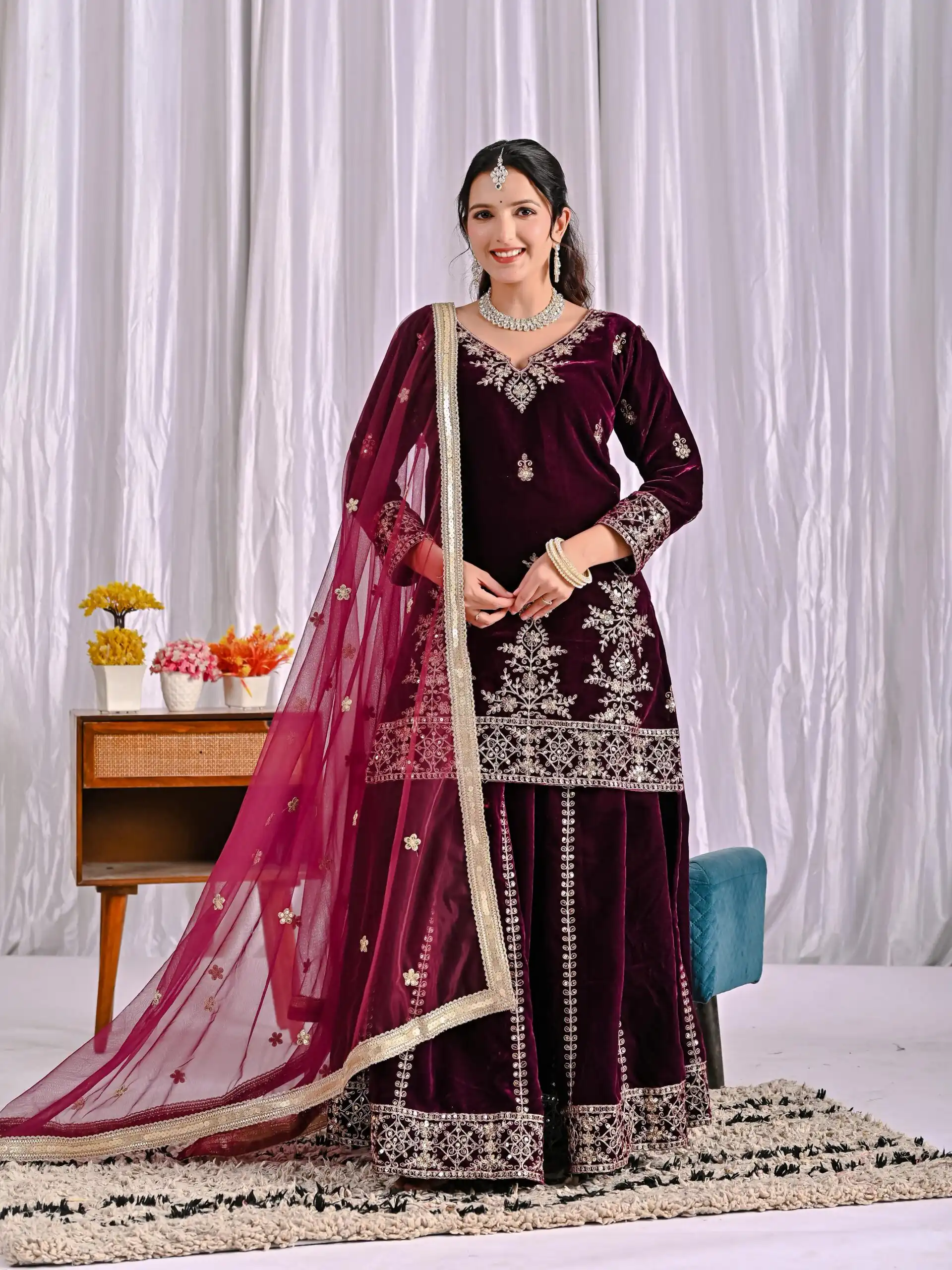 ND 5052 Maroon Viscous Velvet Salwar Suit Perfect for Wedding, Party, Reception, Eid, Temple Visit – . Introductory Price ₹2149. Delivery 4-6 Working | Jump Suits, Salwar suit, Casual Suits, Creative suits, Designer Suits, Palazzo Suits, Party Wear Suits, Patiala Suits, Straight Suits