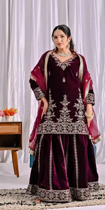 ND 5052 Maroon Viscous Velvet Salwar Suit Perfect for Wedding, Party, Reception, Eid, Temple Visit – . Introductory Price ₹2149. Delivery 4-6 Working | Jump Suits, Salwar suit, Casual Suits, Creative suits, Designer Suits, Palazzo Suits, Party Wear Suits, Patiala Suits, Straight Suits