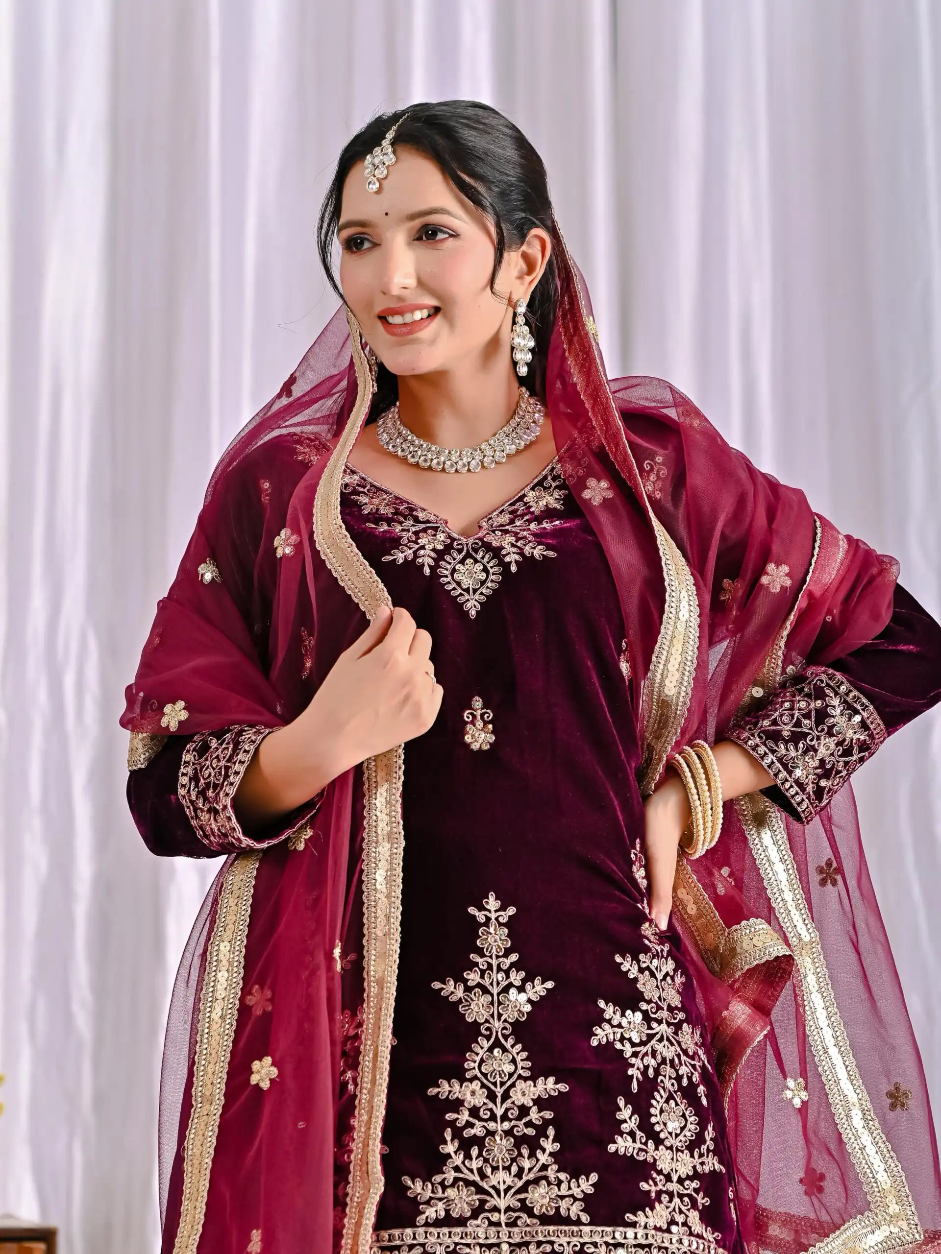 ND 5052 Maroon Viscous Velvet Salwar Suit Perfect for Wedding, Party, Reception, Eid, Temple Visit – . Introductory Price ₹2149. Delivery 4-6 Working | Jump Suits, Salwar suit, Casual Suits, Creative suits, Designer Suits, Palazzo Suits, Party Wear Suits, Patiala Suits, Straight Suits