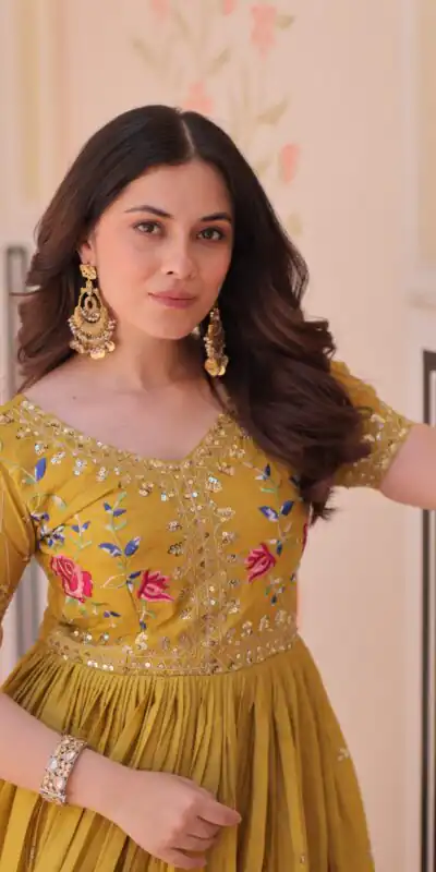 KA 1171 Mustered in Gold Crush Zari Work & Embroidery Work Gown . Affordable Price ₹1799. Delivery 4-6 Working Days. Shop now. | Gowns, Bollywood Gowns, Creative Gowns, Designer Gowns, Embroidered Gowns, Party Wear Gowns