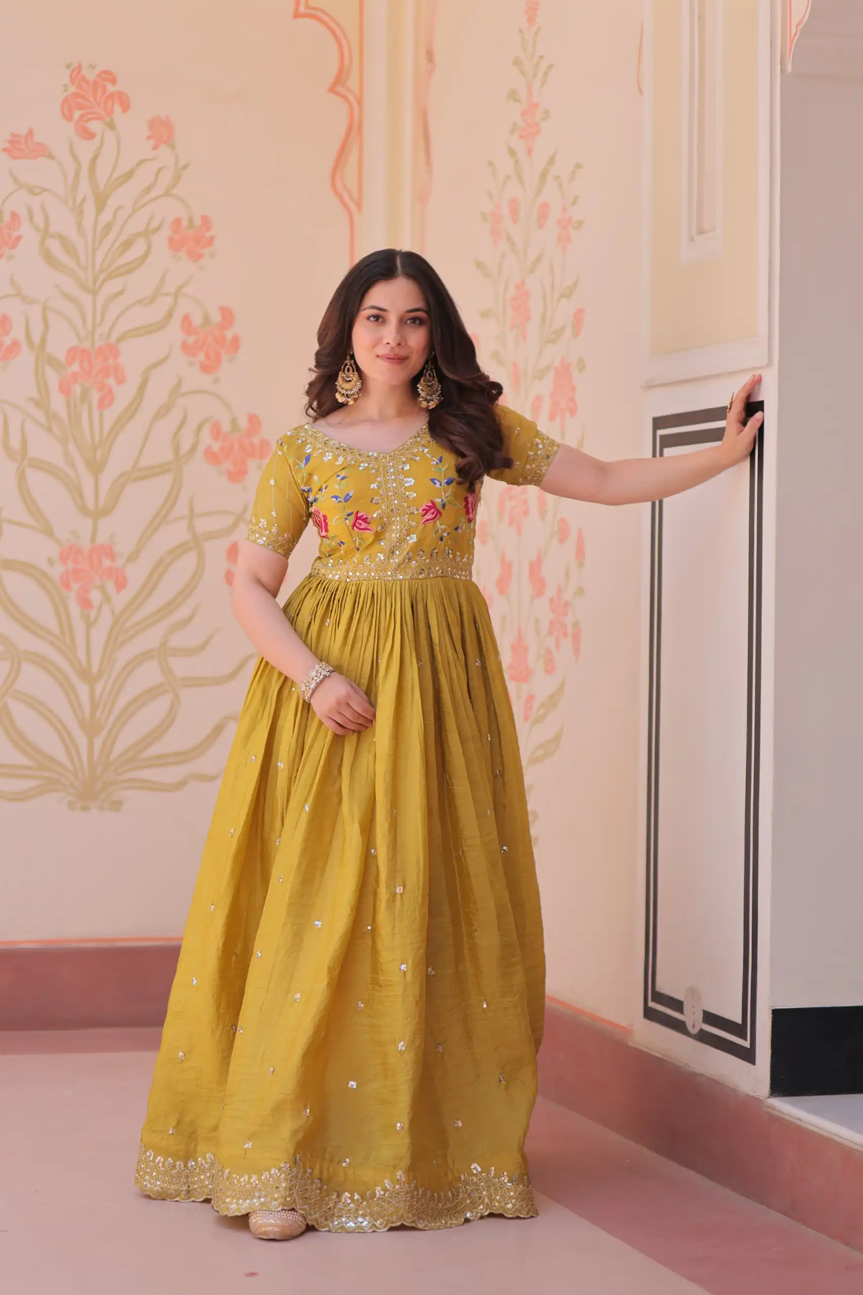 KA 1171 Mustered in Gold Crush Zari Work & Embroidery Work Gown . Affordable Price ₹1799. Delivery 4-6 Working Days. Shop now. | Gowns, Bollywood Gowns, Creative Gowns, Designer Gowns, Embroidered Gowns, Party Wear Gowns