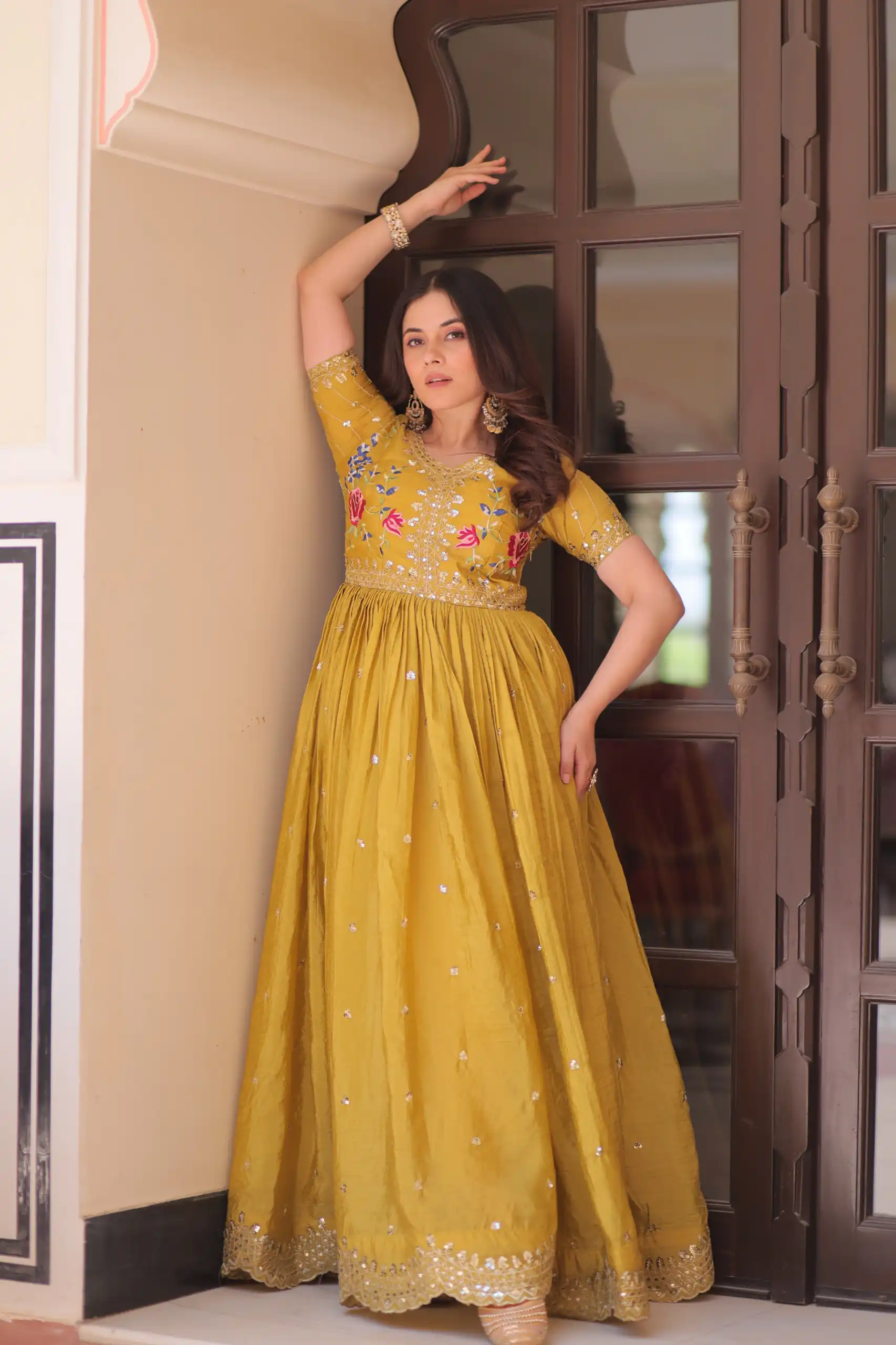 KA 1171 Mustered in Gold Crush Zari Work & Embroidery Work Gown . Affordable Price ₹1799. Delivery 4-6 Working Days. Shop now. | Gowns, Bollywood Gowns, Creative Gowns, Designer Gowns, Embroidered Gowns, Party Wear Gowns