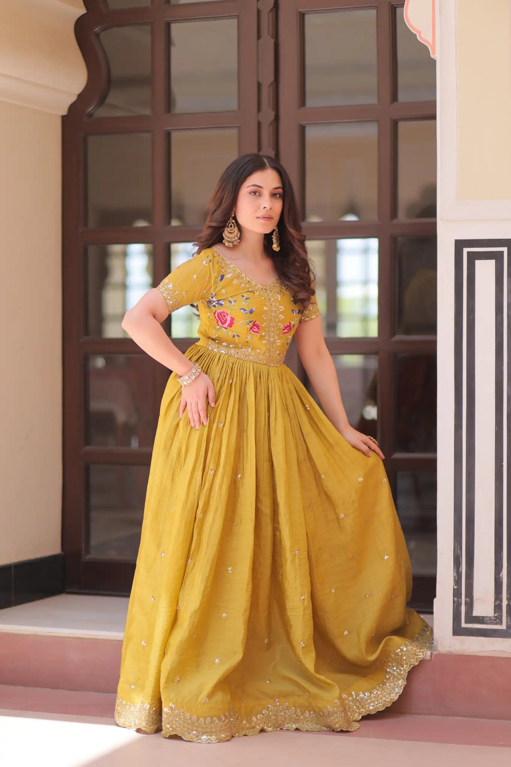 KA 1171 Mustered in Gold Crush Zari Work & Embroidery Work Gown . Affordable Price ₹1799. Delivery 4-6 Working Days. Shop now. | Gowns, Bollywood Gowns, Creative Gowns, Designer Gowns, Embroidered Gowns, Party Wear Gowns