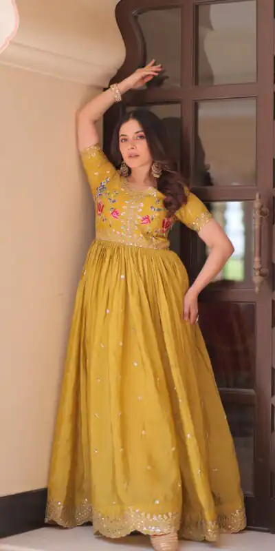 KA 1171 Mustered in Gold Crush Zari Work & Embroidery Work Gown . Affordable Price βΉ1799. Delivery 4-6 Working Days. Shop now. | Gowns, Bollywood Gowns, Creative Gowns, Designer Gowns, Embroidered Gowns, Party Wear Gowns