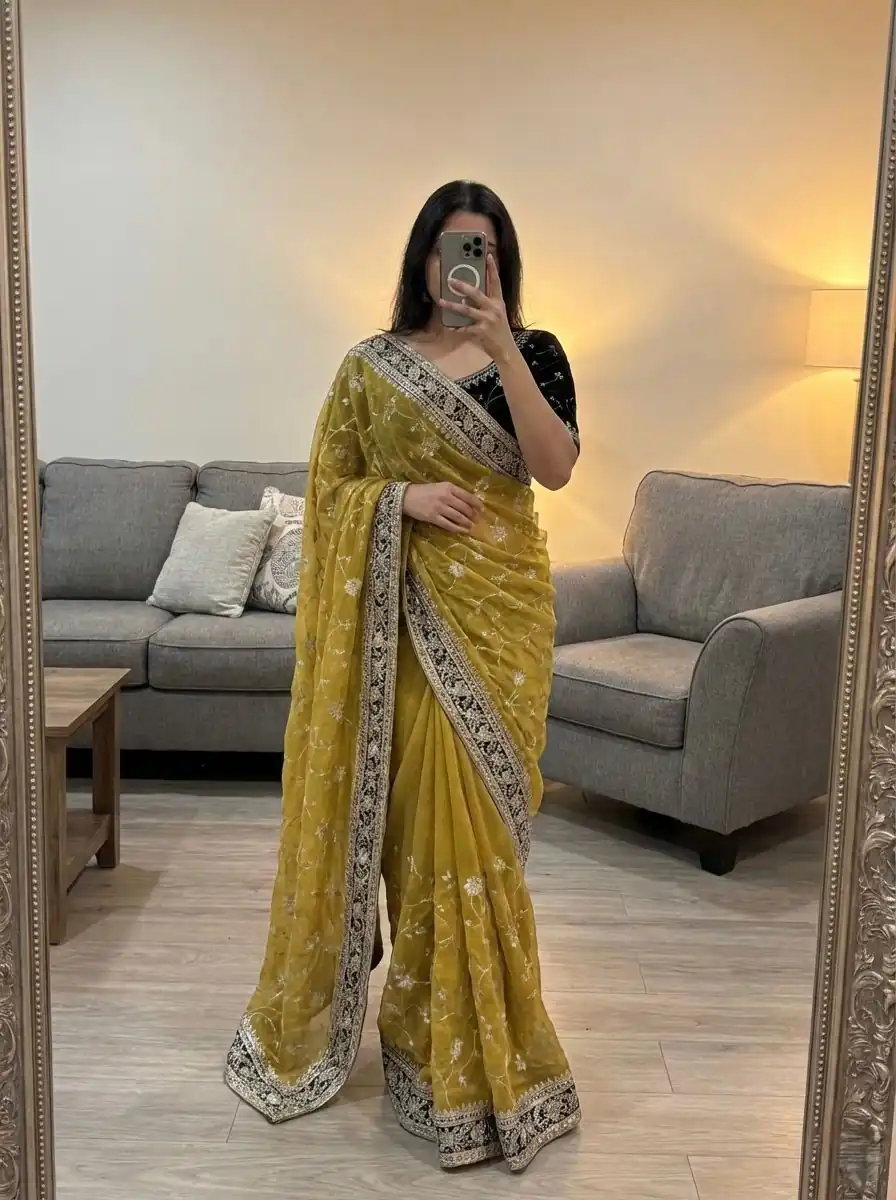 NC 5534 Mustered Moss Silk Saree Perfect for Wedding, Party, Ganesh Chaturthi, Karwa Chauth, Haldi – . Introductory Price ₹2049. Delivery 4-6 Working Days. | Sarees, Bollywood Sarees, Creative Sarees, Designer Sarees, Embroidered Sarees, Ethnic Saree, Modern Digital sarees, Party Wear Sarees